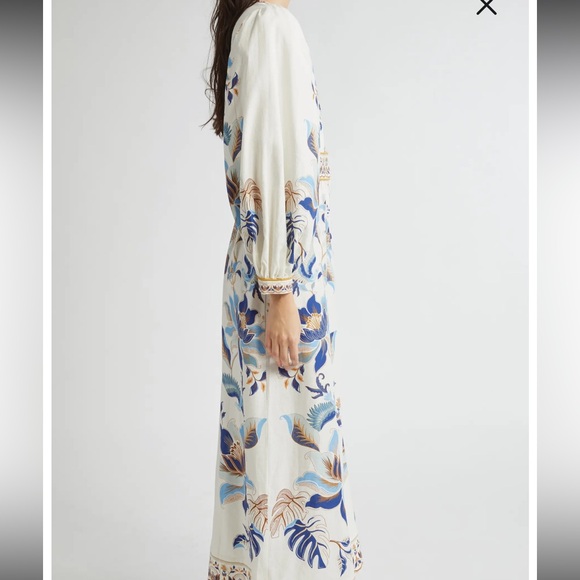 Farm Rio Mystic Blue Lotus Placed Print Long Sleeve Linen Blend Maxi Dress - Picture 5 of 15